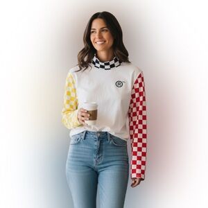 Forever 21 White Top with Red and Yellow Checkered Sleeves